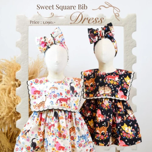 Square Collar Dress - Cats with Flowers