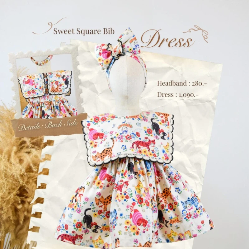 Square Collar Dress - Cats with Flowers