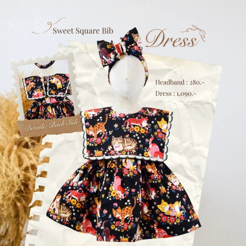 Square Collar Dress - Cats with Flowers