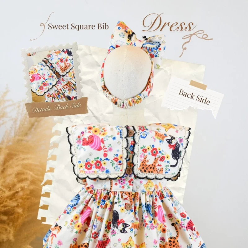 Square Collar Dress - Cats with Flowers