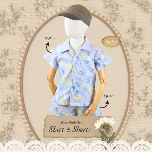 Rug Tufting Workshop PH Trend Instagram Post in Beige Black Aesthetic Handdrawn Doodles Style - 90 Shirt & Shorts - Family Set - Blue Birds