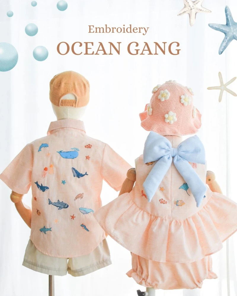Bow Back Set - Embroidery - Ocean in pink