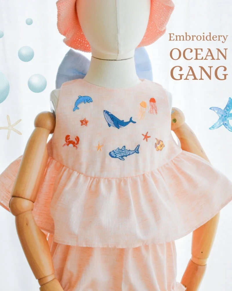 Bow Back Set - Embroidery - Ocean in pink