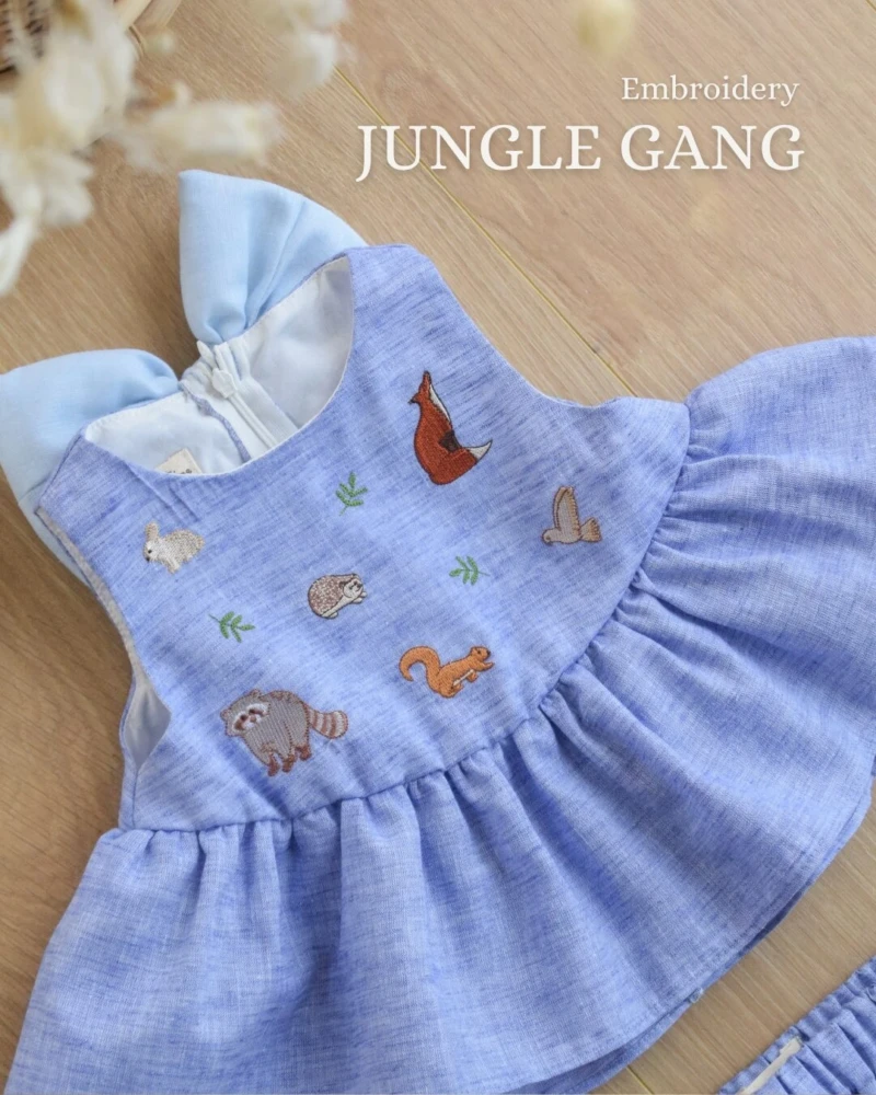 Bow Back Set - Embroidery - Jungle Gang in blue
