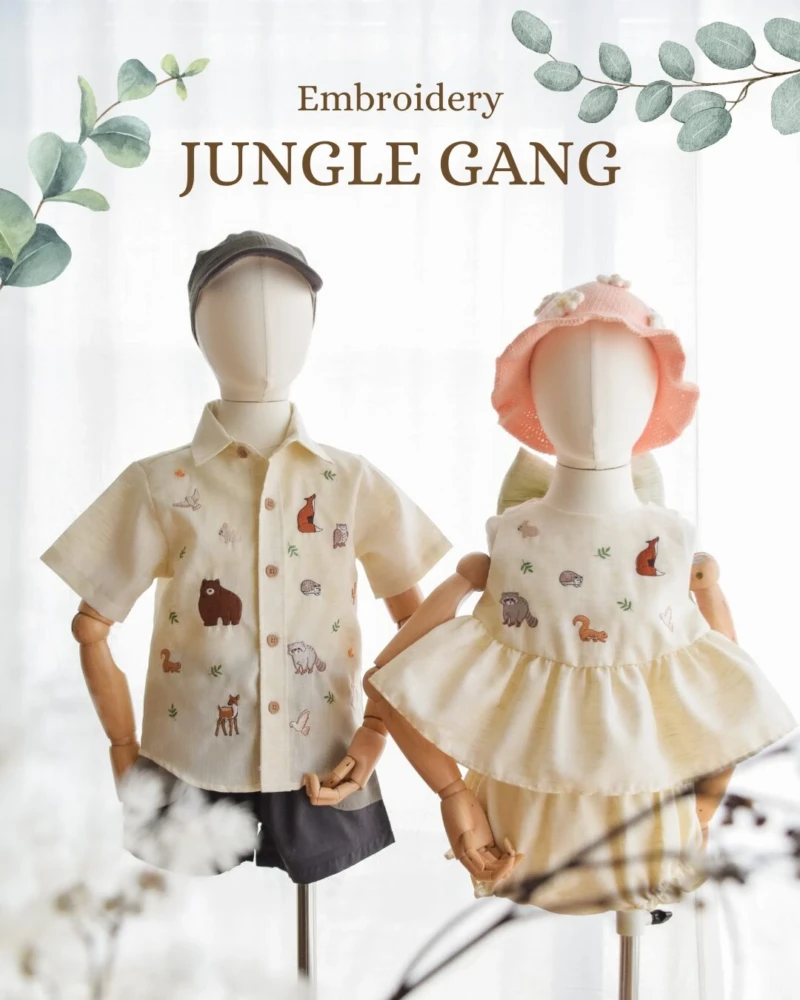 Bow Back Set - Embroidery - Jungle Gang in cream