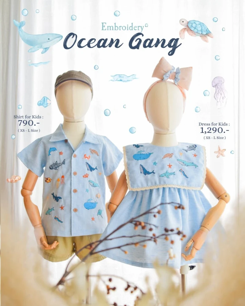 Square Collar Dress - Embroidery - Ocean in blue