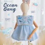 Square Collar Dress - Embroidery - Ocean in blue