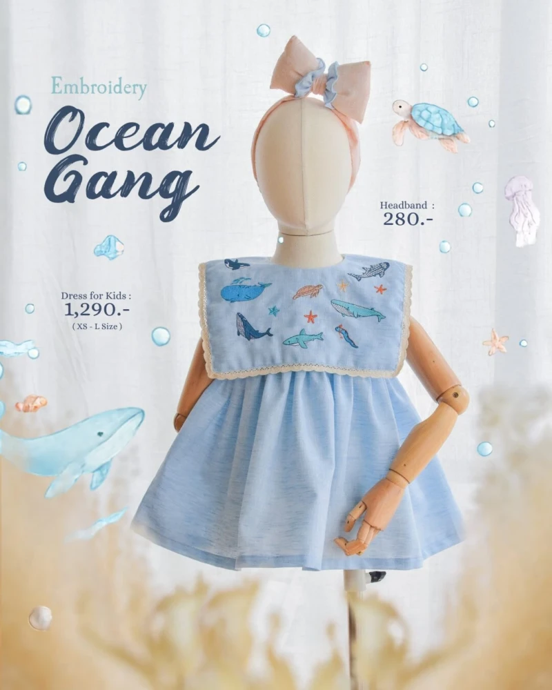 Square Collar Dress - Embroidery - Ocean in blue