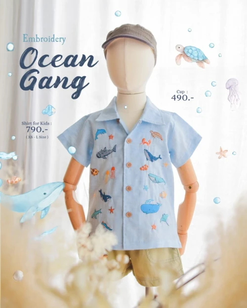 Shirt - Embroidery - Ocean in blue