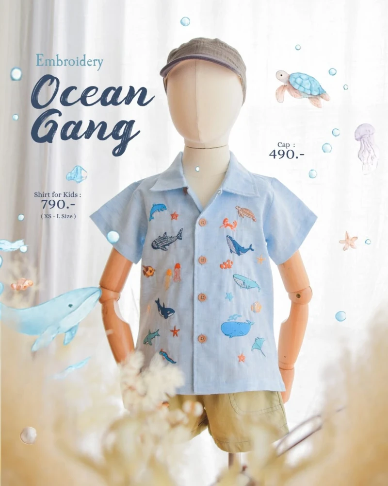 Shirt - Embroidery - Ocean in blue