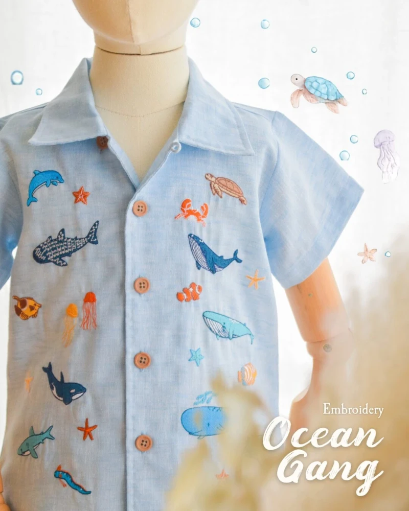 Shirt - Embroidery - Ocean in blue