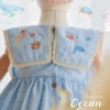 Square Collar Dress - Embroidery - Ocean in blue