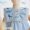 Square Collar Dress - Embroidery - Ocean in blue