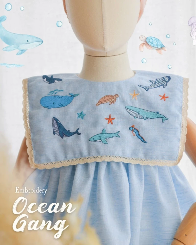 Square Collar Dress - Embroidery - Ocean in blue
