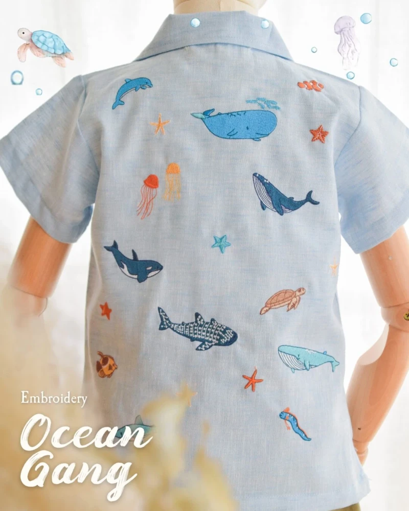 Shirt - Embroidery - Ocean in blue