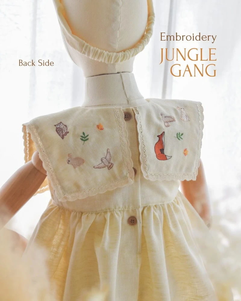 Square Collar Dress - Embroidery - Jungle Gang in Cream