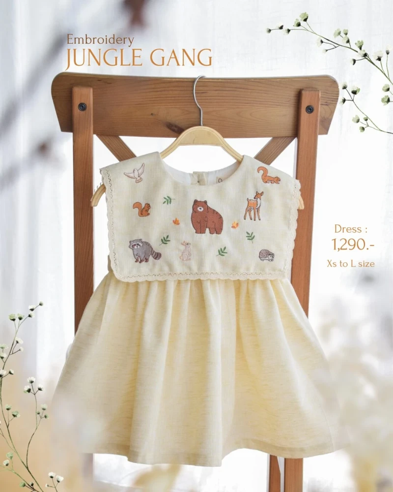 Square Collar Dress - Embroidery - Jungle Gang in Cream