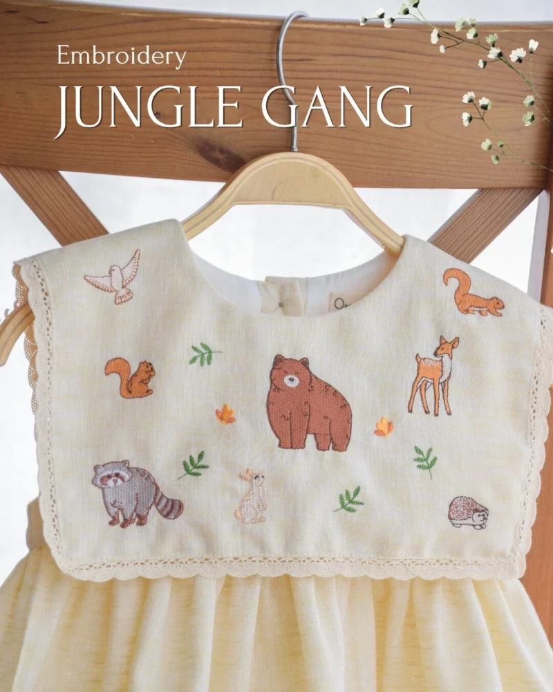 Square Collar Dress - Embroidery - Jungle Gang in Cream